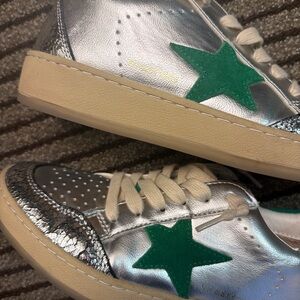 Silver Metallic Sneakers with Green Star Accent